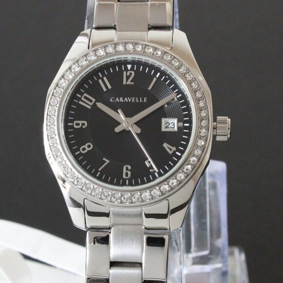 Caravelle Ladies Dress Watch By Bulova Black Sunray Dial 48 Crystal Bezel 28mm